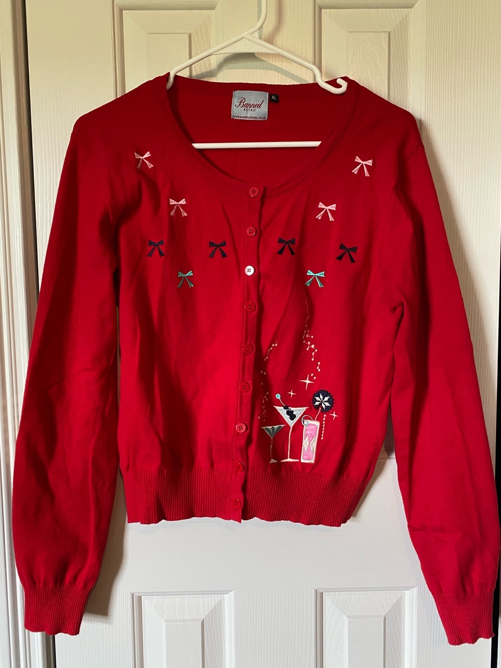 Banned Apparel Red Embroidered Retro Cardigan Crop Sweater
